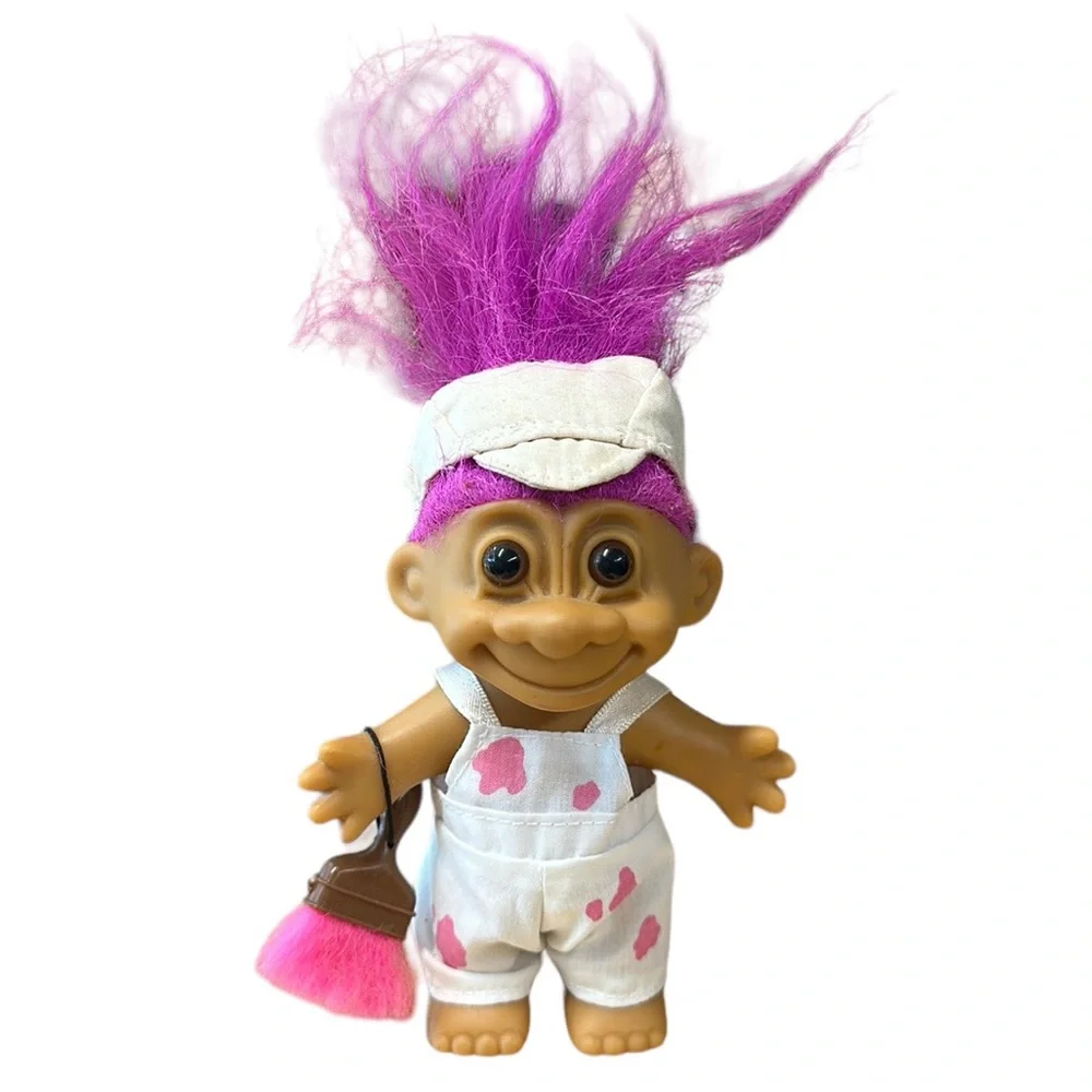 Vintage 90s Russ Berrie Painter Troll Doll Overalls Paint Splatter Pink Hair Hat